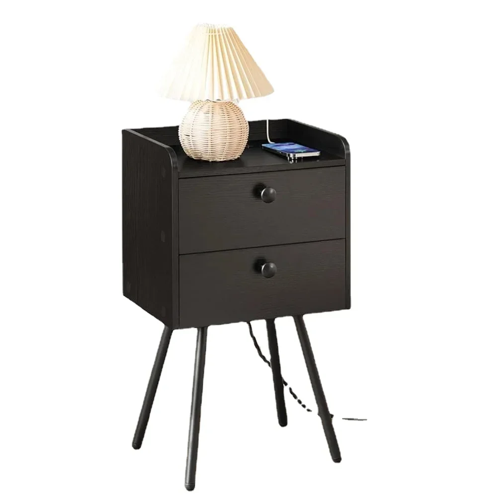 Nightstand Side Table with Charging Station   2 Drawers