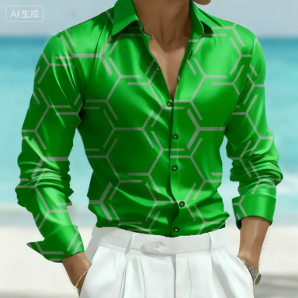 

Men's Geometric Print Long Sleeve Shirt Casual Collar Button Comfortable Soft Large Size Hawaii Fashion Clothing 2025