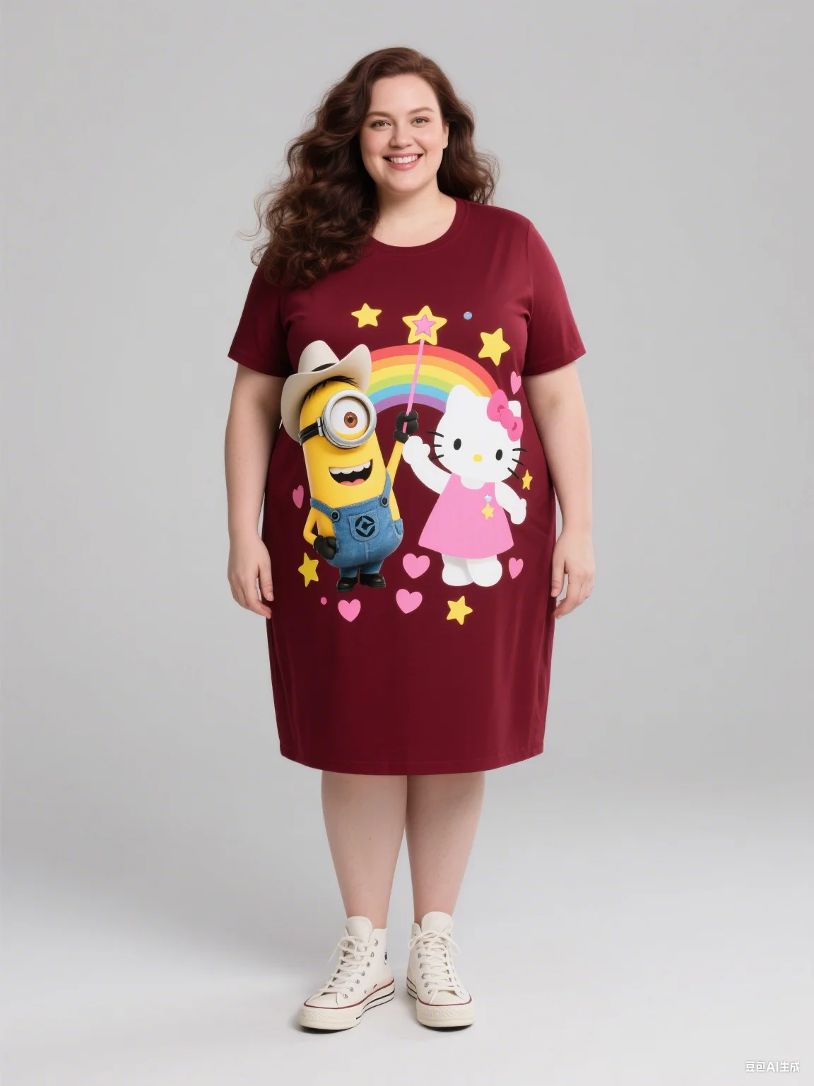 2025 التوابع كيتي القط مضحك IP طباعة الخريف حجم كبير فستان المرأة المرأة بلا أكمام فستان برقبة مستديرة ل الزي المألوف