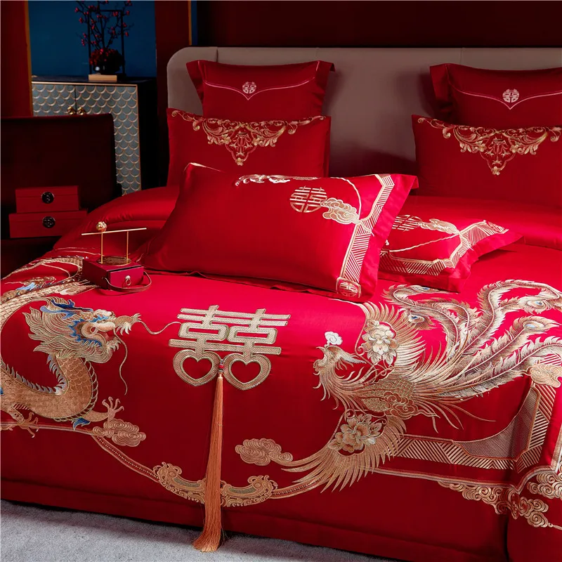 Golden Tassels Dragon Phoenix Embroidery Bedding Set Red Egyptian Cotton Chinese Wedding Quilt Cover Bed Sheet Pillowcase