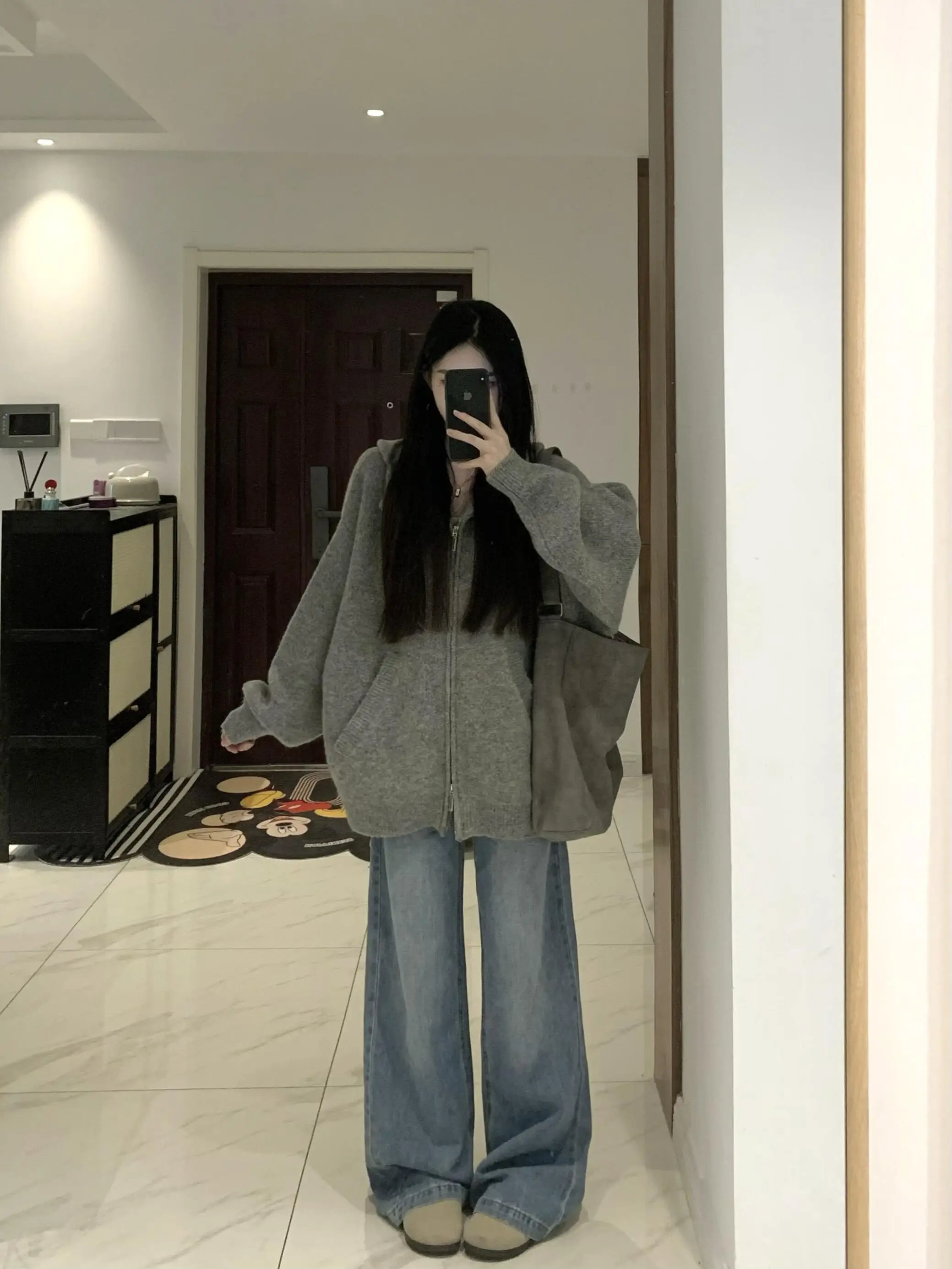 

Корейский женский трикотаж с капюшоном, кардиган, свитер, длинный свек, застежка-молния, повседневная ленивая высококачественная одежда для ранней осени