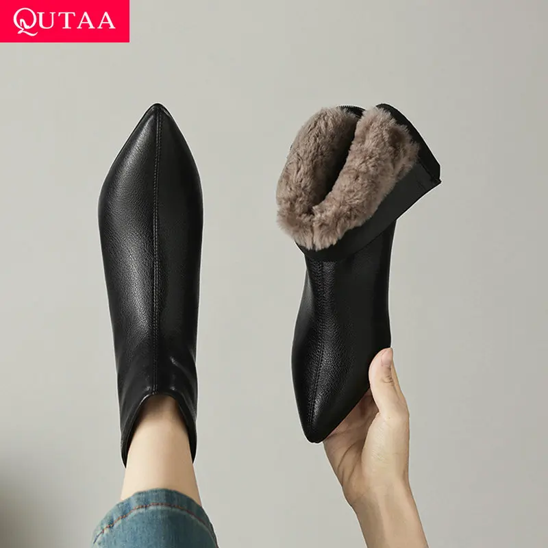 QUTAA 2026 Fashion Winter Women Ankle Boots New Plush Wool Warm Zipper Shoes Cow Leather Mid Heels Pointed Toe Short Boots 34-41