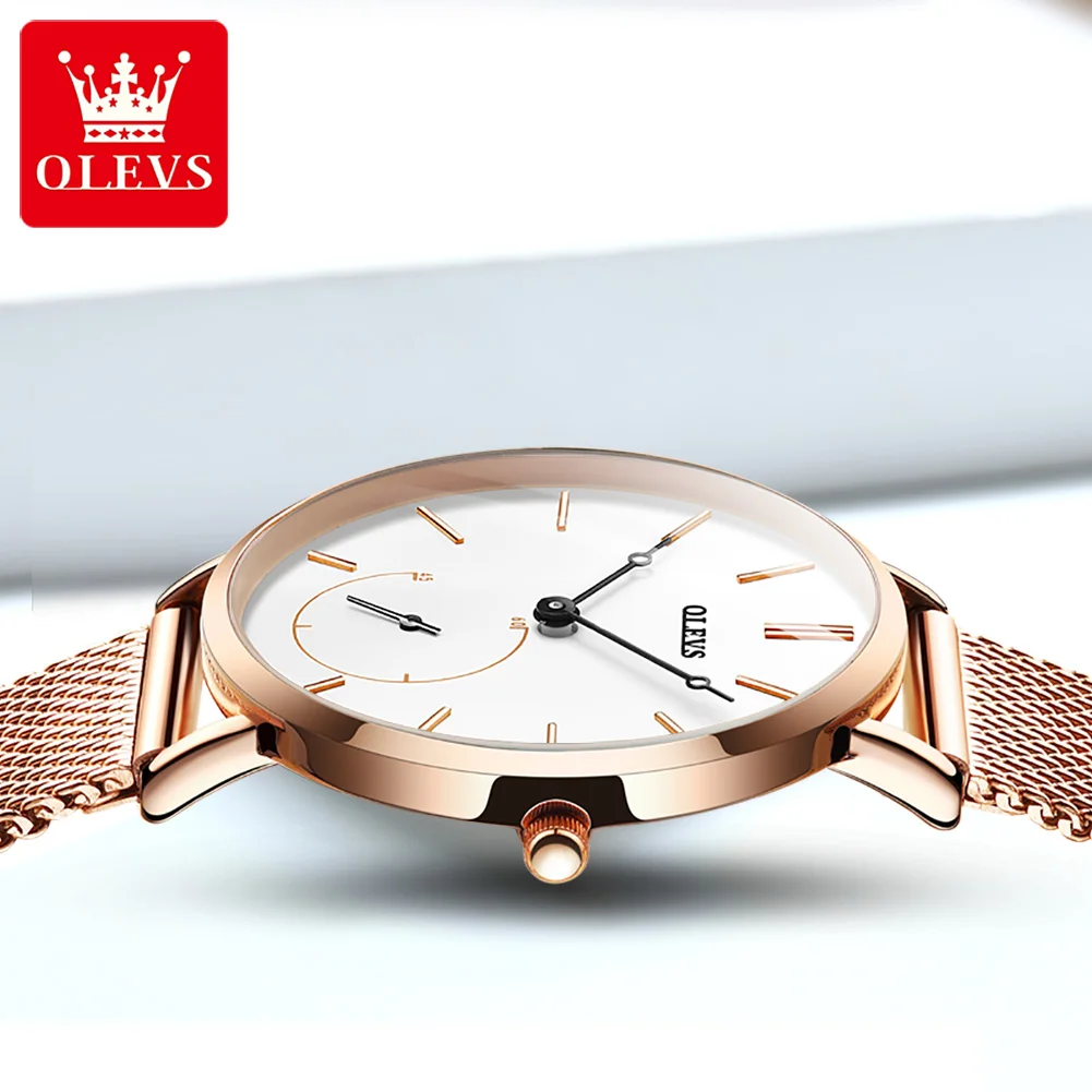 OLEVS Luxury Quartz Watch for Women Unique Stop Hand Design Elegant Rose Gold Mesh Steel Strap Ladies Waterproof Wristwatch New