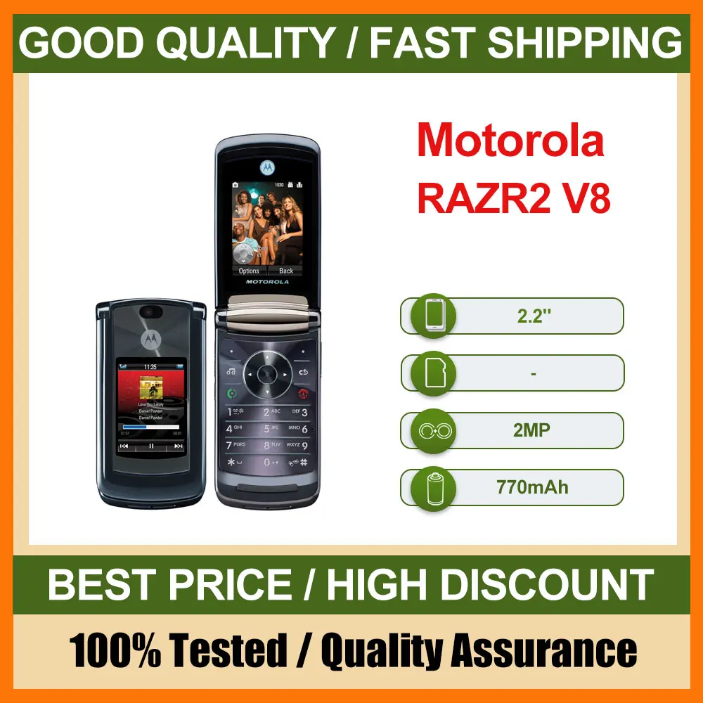 هاتف محمول أصلي مستعمل Motorola RAZR2 V8 بشريحتين غير مقفول 2G مقاس 2.2 بوصة 2 ميجابكسل 770 مللي أمبير في الساعة هواتف ذكية بحالة جيدة