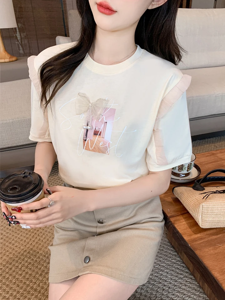 Round neck printed short sleeved t-shirt for women's summer wear 2024 new versatile top T-shirt small shirt