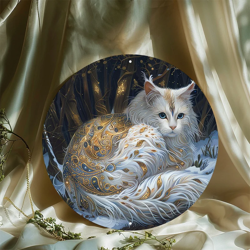 White Cat with Golden Patterns Blue Eyes Aluminum Metal Sign - 8x8 inch Round Door Hanger Wall Decor - Waterproof and Weather Re