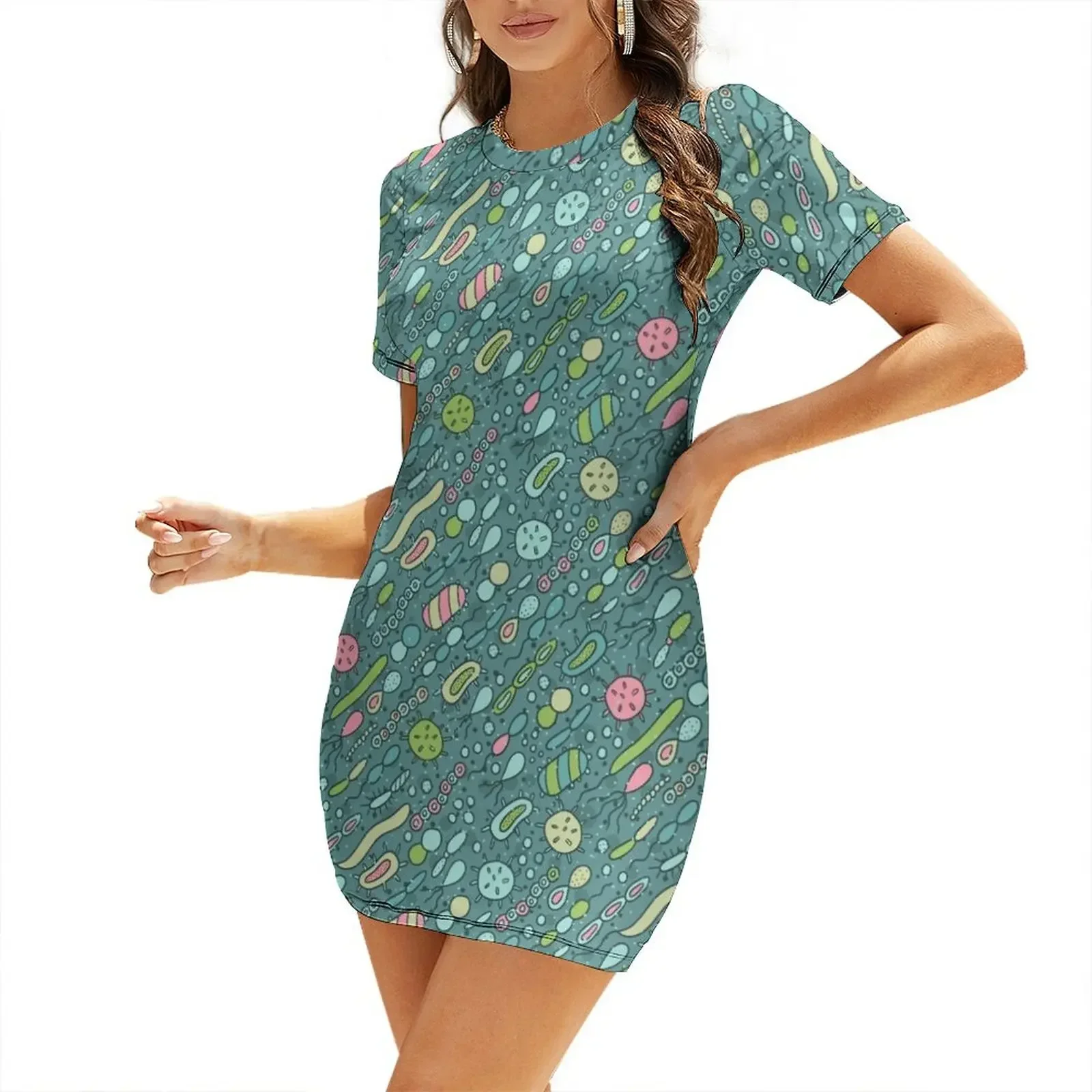 Microbes pattern. Bacteria design for biology lovers. Virus illustration. Short-Sleeved Dress Woman's evening dress