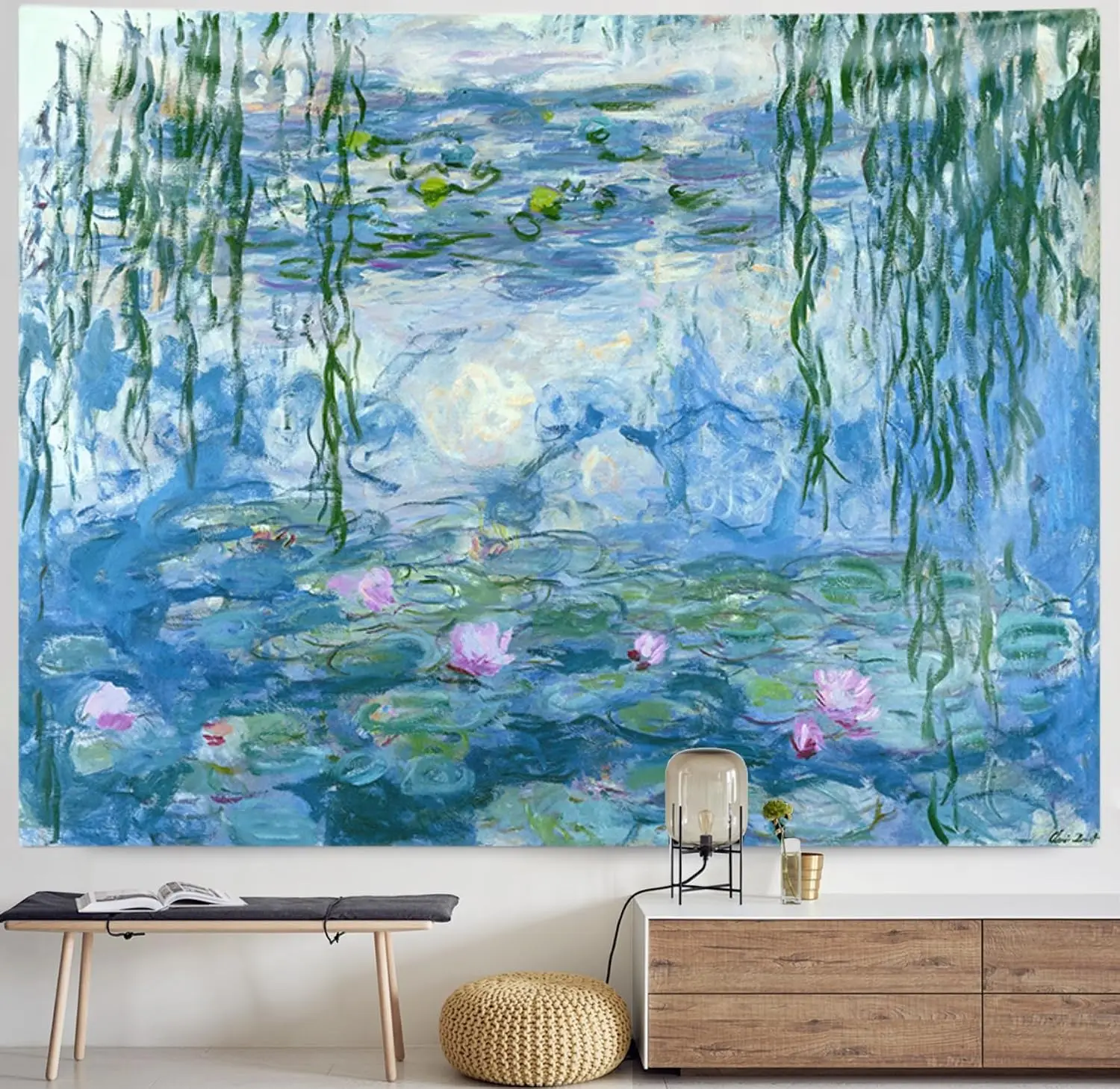 Wall Tapestry Hanging Bedroom Tapestry Water Lilies Monet Floral Wall Art with Hemmed Edges Blanket Home Decor