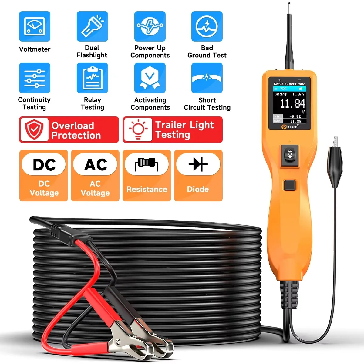 KZYEE KM05 12/24V Car Circuit Tester 0~60V Digital AC/DC Voltage Power Circuit Probe Kit Battery Test Electrical Diagnostic Tool