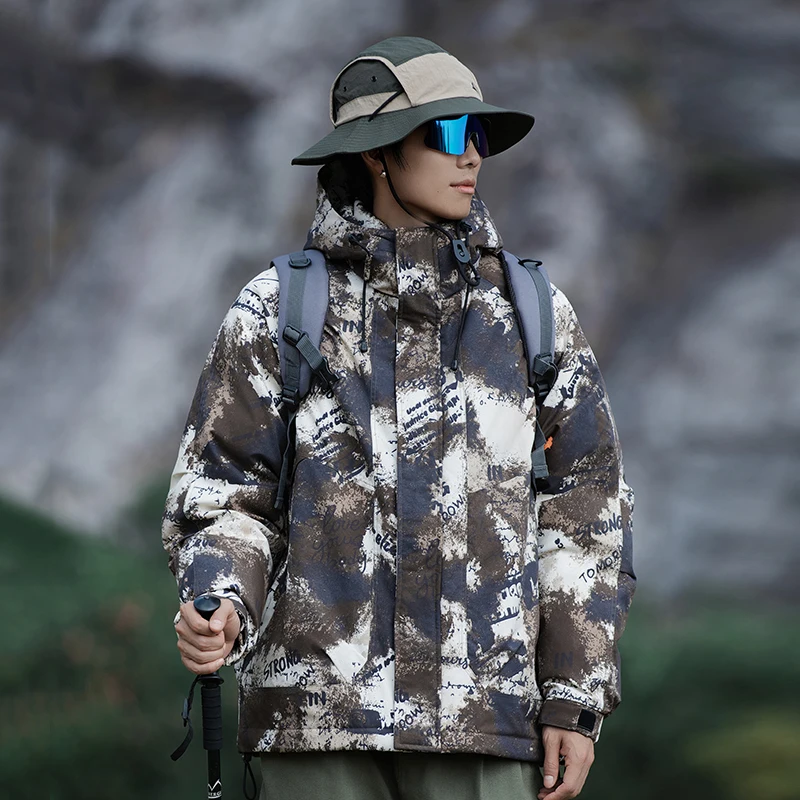 Men Camo Puffer Leisure Hooded Jacket Outdoor Camping Thickened Warm Padding Coat Travel Windproof Winter Windbreaker