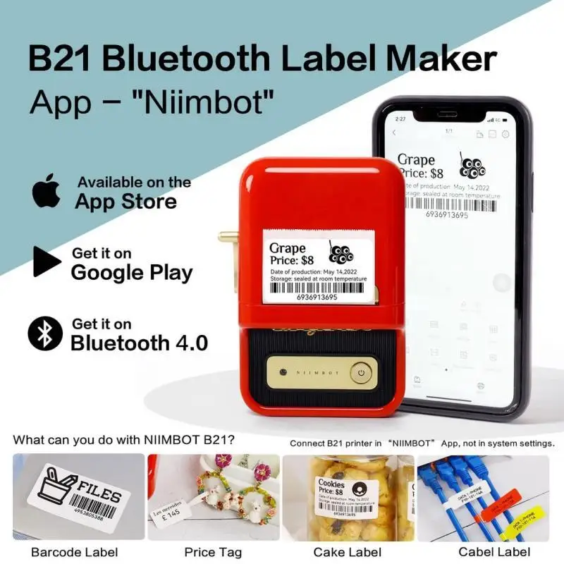 NIIMBOT B21 Label Printer Portable Wir-eless Bluetooth Thermal Label Maker Sticker Printer Label paper