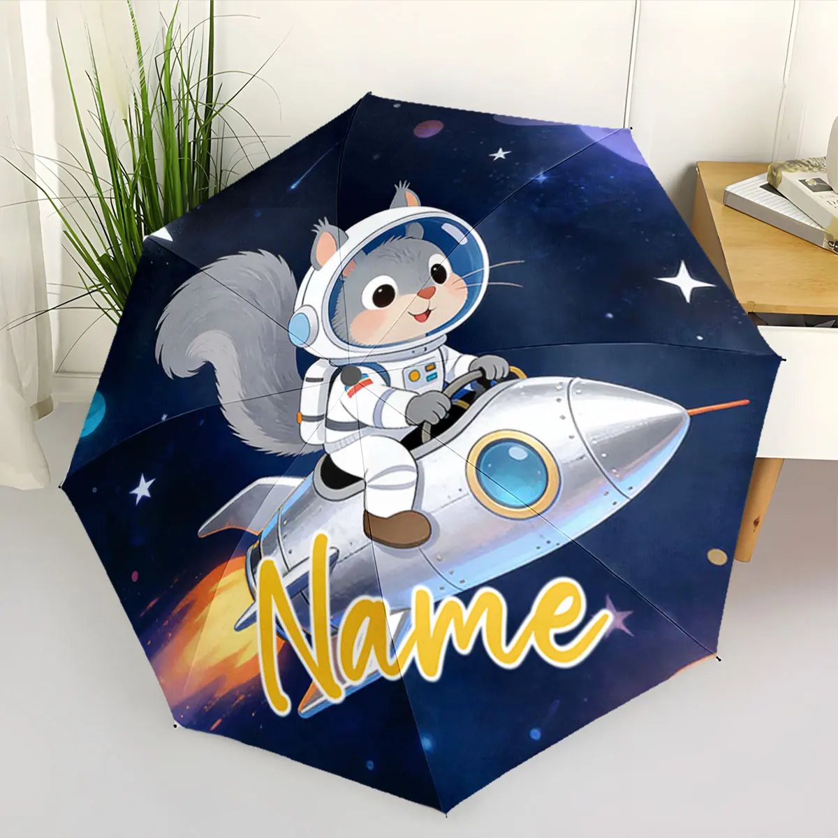 Custom Name Space Adventure Kids' Umbrella with Squirrel Design Print 8 Iron Ribs Folding Umbrella Auto-Open Fashion Sunshade