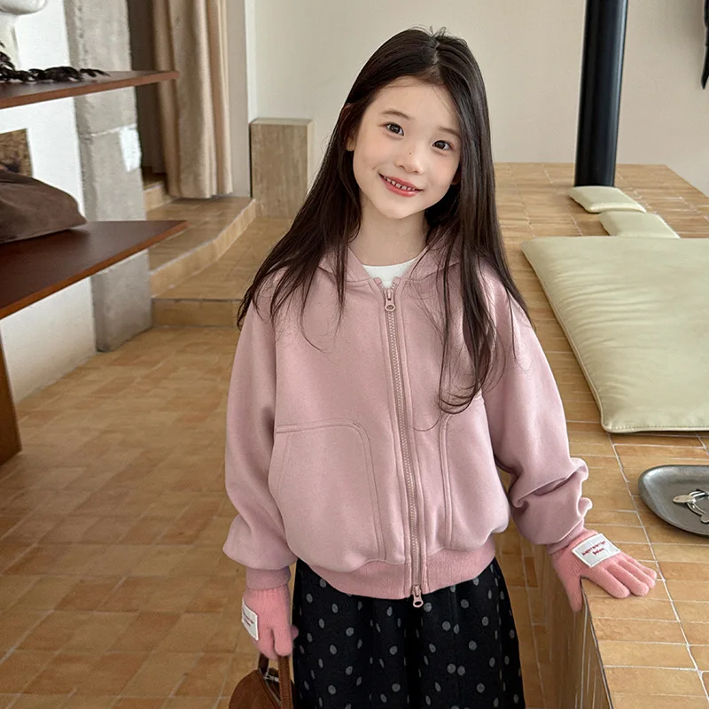 2026 Autumn Solid Color Campus Daily Practical Wear Kids Composite Velvet Loose Hoodie Jacket Boutique Clothing Simple Style