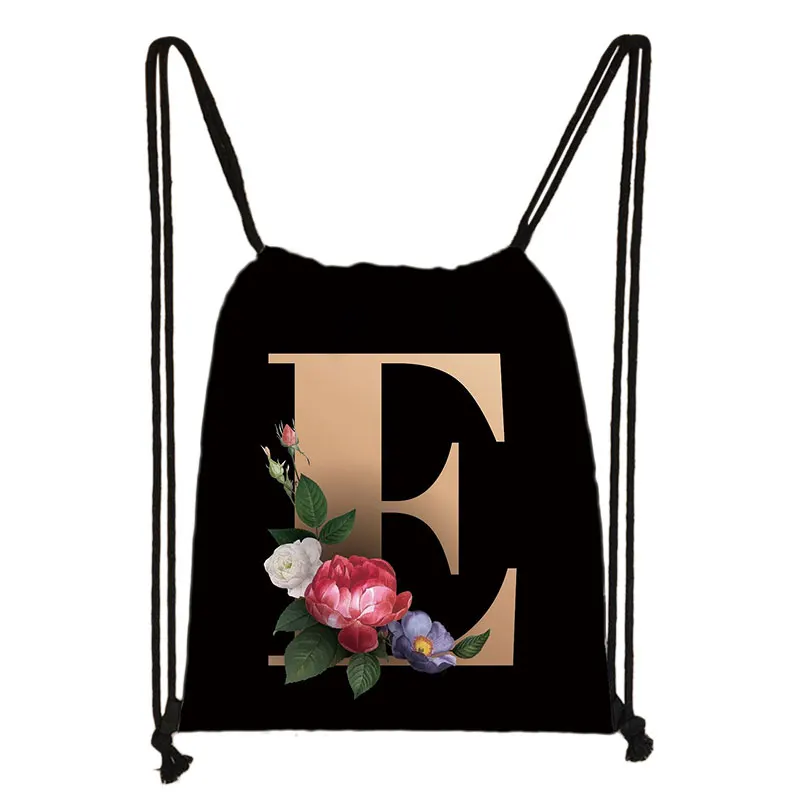 26 Initials Flower Drawstring Bag Student A-Z Letter Cool Backpack Teenager Travel Bag Women Men Casual Storage Bags