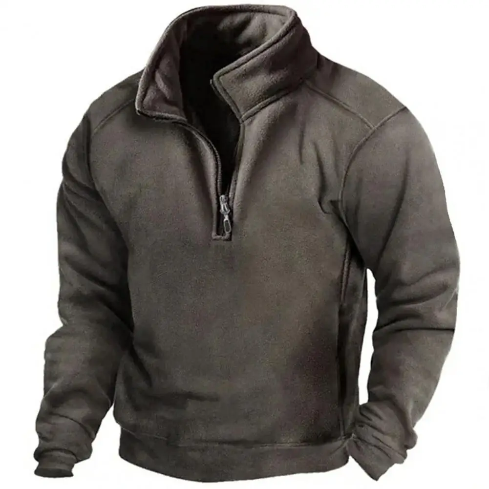 Men Autumn Winter Sweatshirt Stand Collar Zipper Half Placket Pullover Top Long Sleeve Windproof Warm Outdoor Hunting Tops