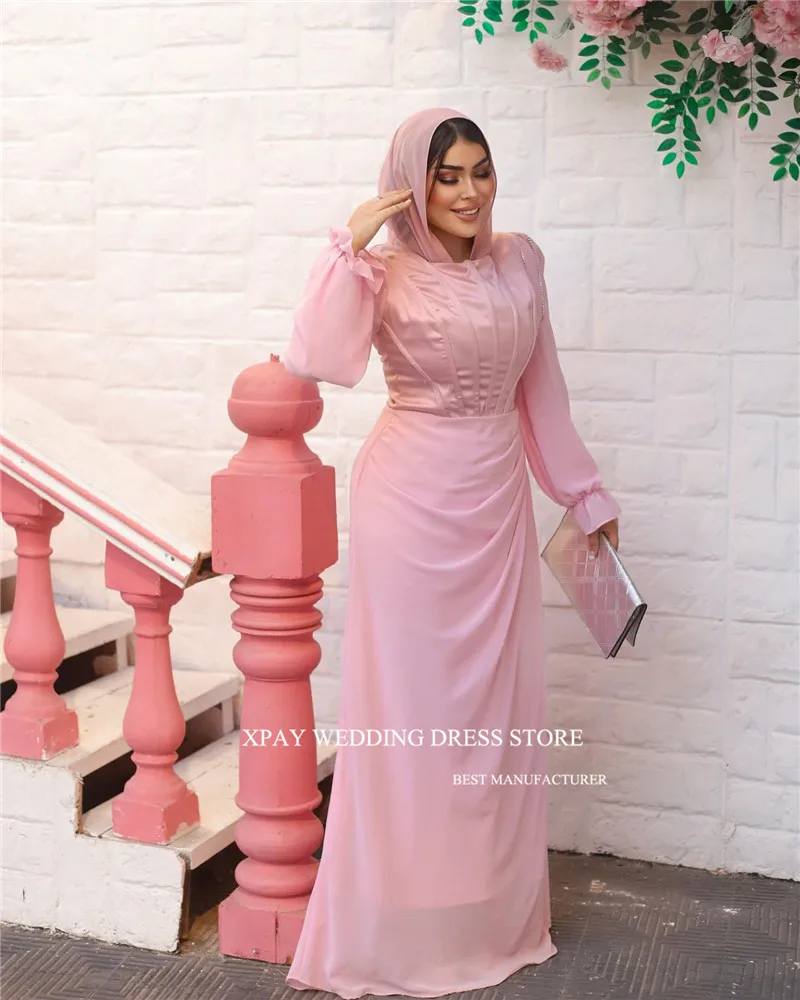 XPAY Pink Modest Dubai Arabic Women Evening Dresses Long Sleeves O-Neck Boning Chiffon Prom Gowns Formal Party Birthday Dress