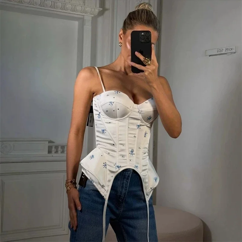 Sexy Printed Fishbone Women's Sling Top Elegant Spaghetti Strap Sleeveless Female Bustiercrop Tops 2026 Party Street Clothing