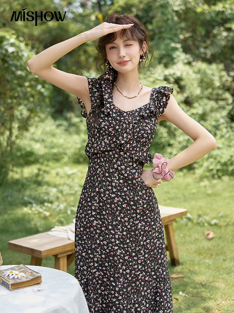 MISHOW French Holiday Floral Dresses 2024 Summer Flying Sleeves Dress Cross Ruffled Edges Dress with Fabric Ribbon MXD29L1984