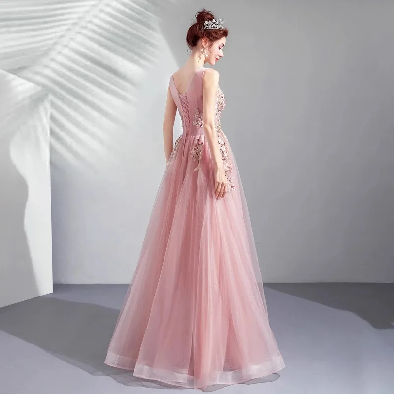 2025年新作 ピンク Vネック エレガント ウェディング 卒業パーティー ドレス