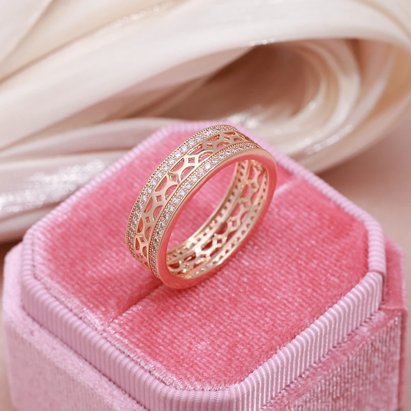 SYOUJYO Skeleton Cutting 585 Gold Color Women\'s Ring Double Row Natural Zircon Micro Inlay Vintage Bride Wedding Jewelry