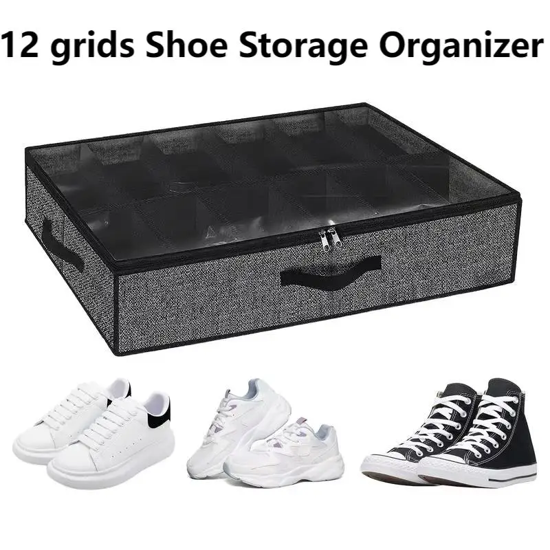 Shoe Storage Organizer box for Under Bed, Fit 12 Pairs, Collapsible Closet Underbed Shoes Container Bags with Reinforced Handles