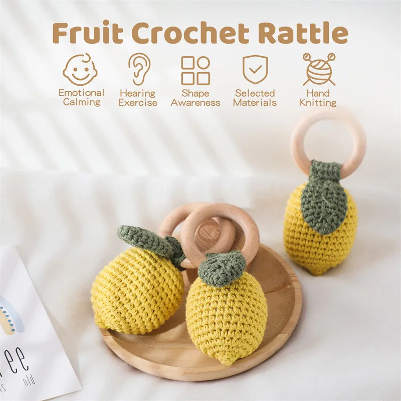 1pc Baby Crochet Lemon Rattles Fruit Cotton Music Toys Wooden Lemon Rattle Baby Teether Rodent Newborn Rattle Teether Gifts Toys