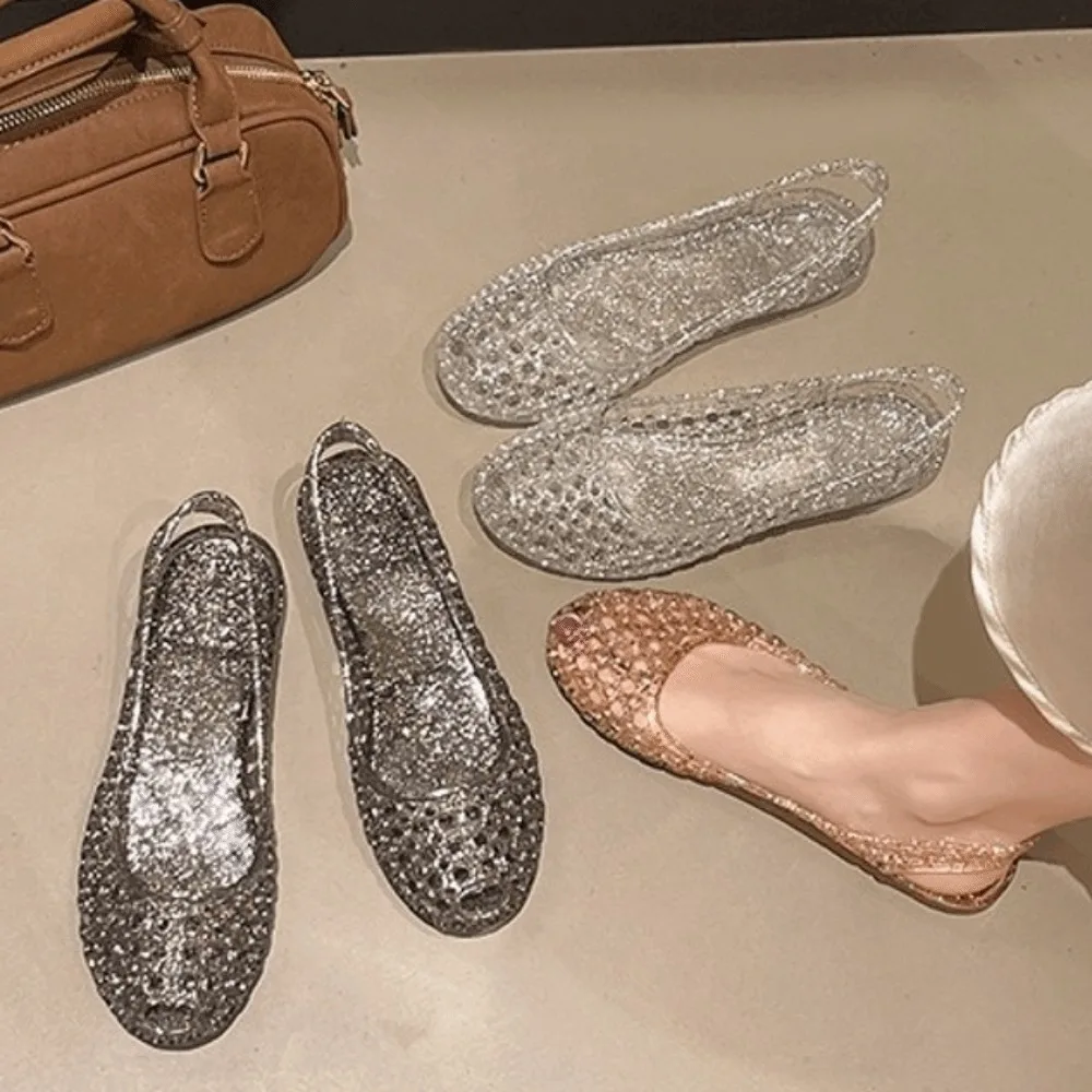Crystal Transparent Sandals Footwear Breathable Hollow Fish Mouth Hollow Slip Shoe Closed Toe Light Flat Ladies Summer Wear