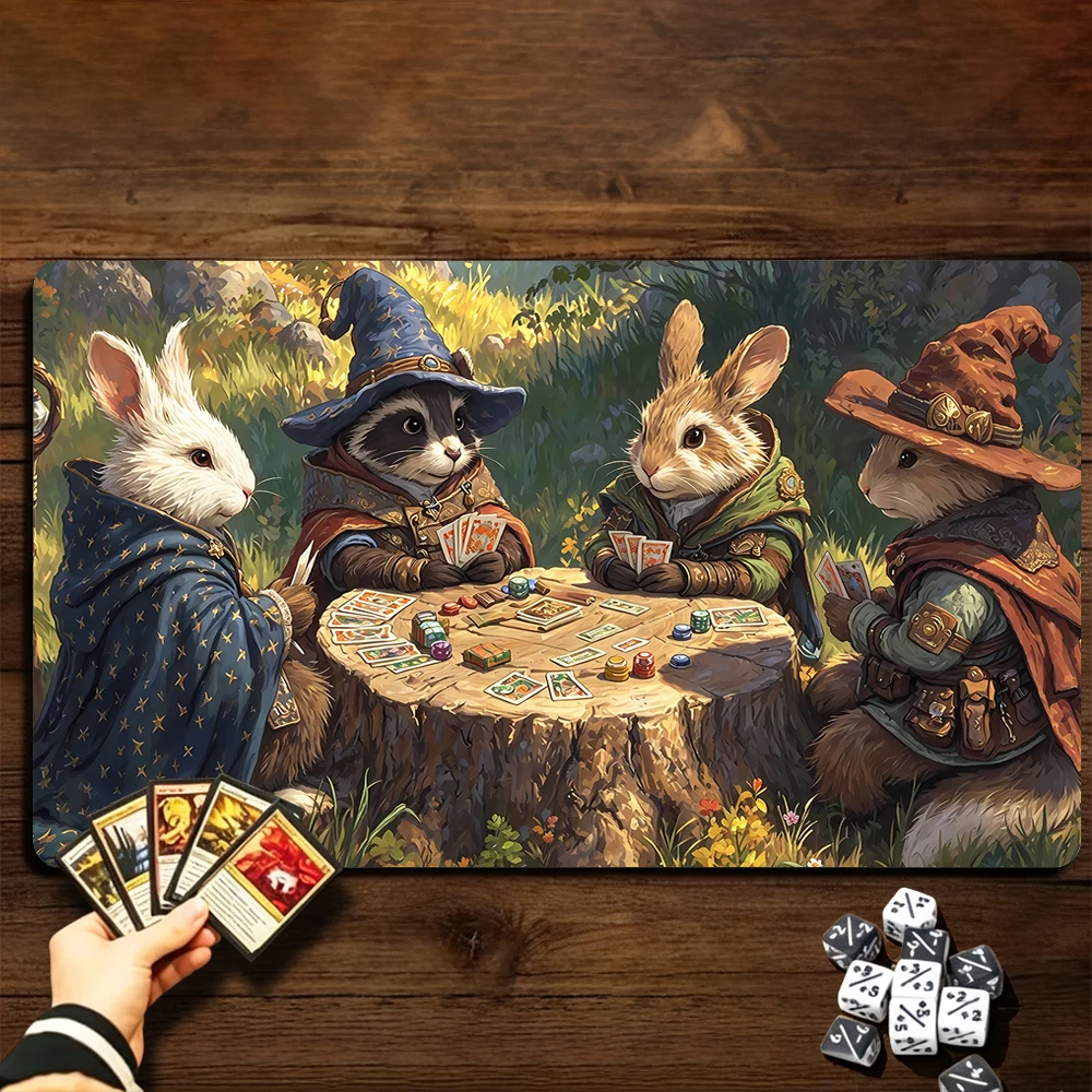 Rabbit Wizard Party TCG Playmat Magic Playmat Gathering Gaming Mat with Stitched Edge Anti-slip base 60X35cm Trading Card Game