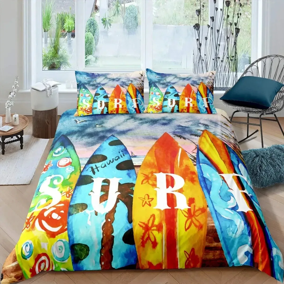 Surf Duvet Cover Set Beach Printed Hawaii Vacation Bedding Set for Adult Women Girl Tropical Botanical Polyester Comforter Cover