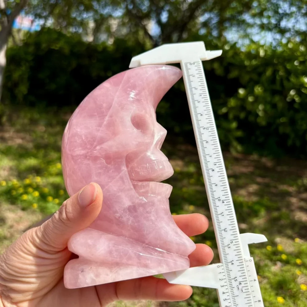 Natural 14cm Rose Quartz Moon Skull Carving - Healing Polished Stone Figurine High-Quality Mineral Home Decor Ornament Gift
