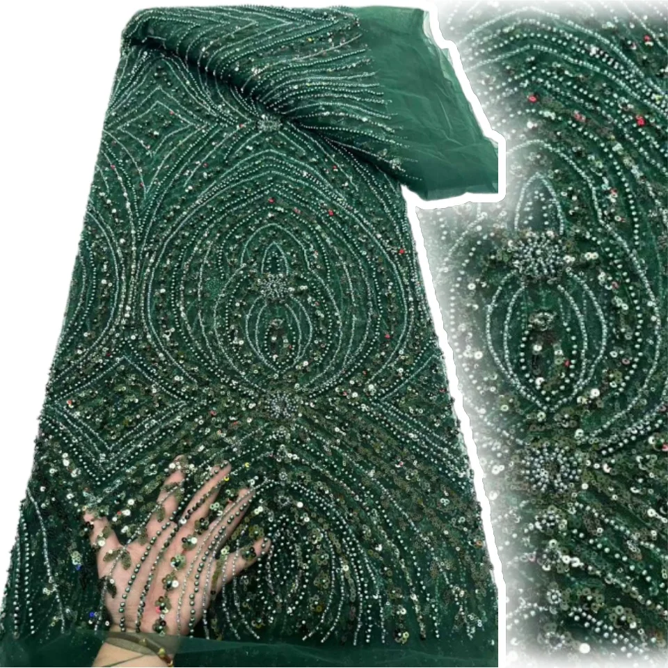 

African Beaded Mesh Lace Fabric Embroidery Sequins French Tulle Lace for Nigerian Wedding Party Dress 5 Yards AH1458