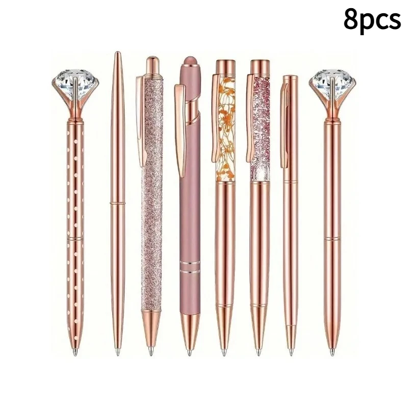 

8pcs Rose Golden Metal Pen Set - Fashionable Metal Pens with Crystal Color Decoration - Perfect for Students, Office, Gifts and