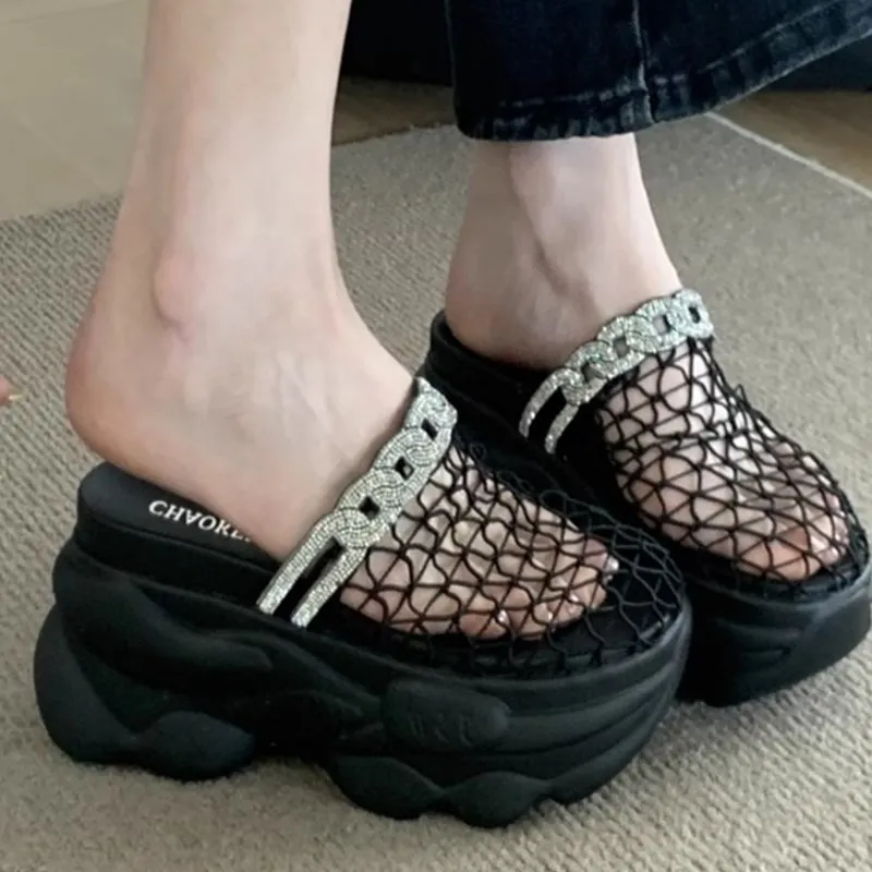 

Mesh Women Slippers Platform Sandals Crystal High Heels Shoes Summer 2025 Luxury Dress Pumps Slingback Flip Flops Mujer Zapatos