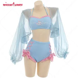 Women Blue Bunny Pattern Swimwear Bathing Suit Halter Top and Bowknot Bottoms Bikini Set with Chiffon Cover-Up