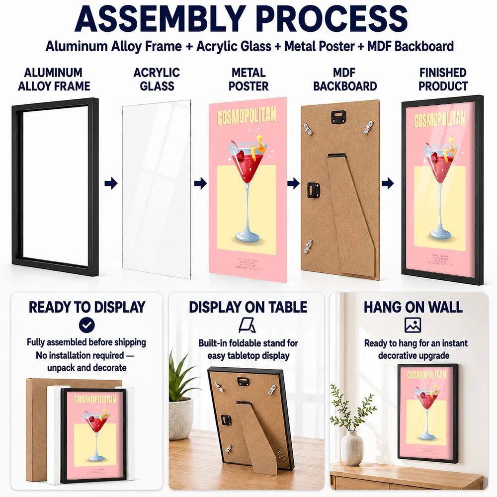 Cosmopolitan Cocktail Illustration Metal Poster With Aluminum Alloy Frame Personalized Bar Menu Wall Art For Kitchen Host Gift