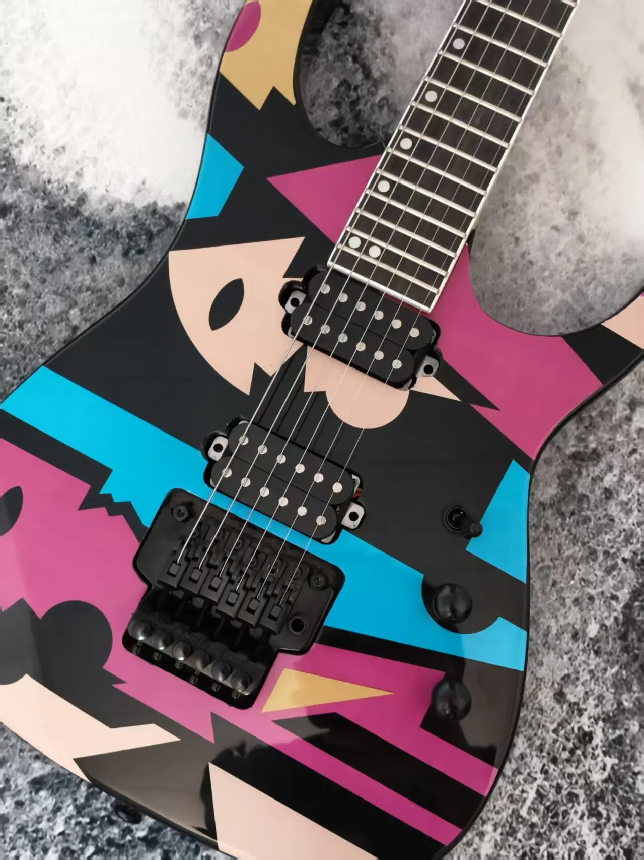 6 String Double Cutaway Solid Body Electric Guitar, Pink Blue Multicolor Geometric Graffiti Surface, HH Pickups Double Tremolo