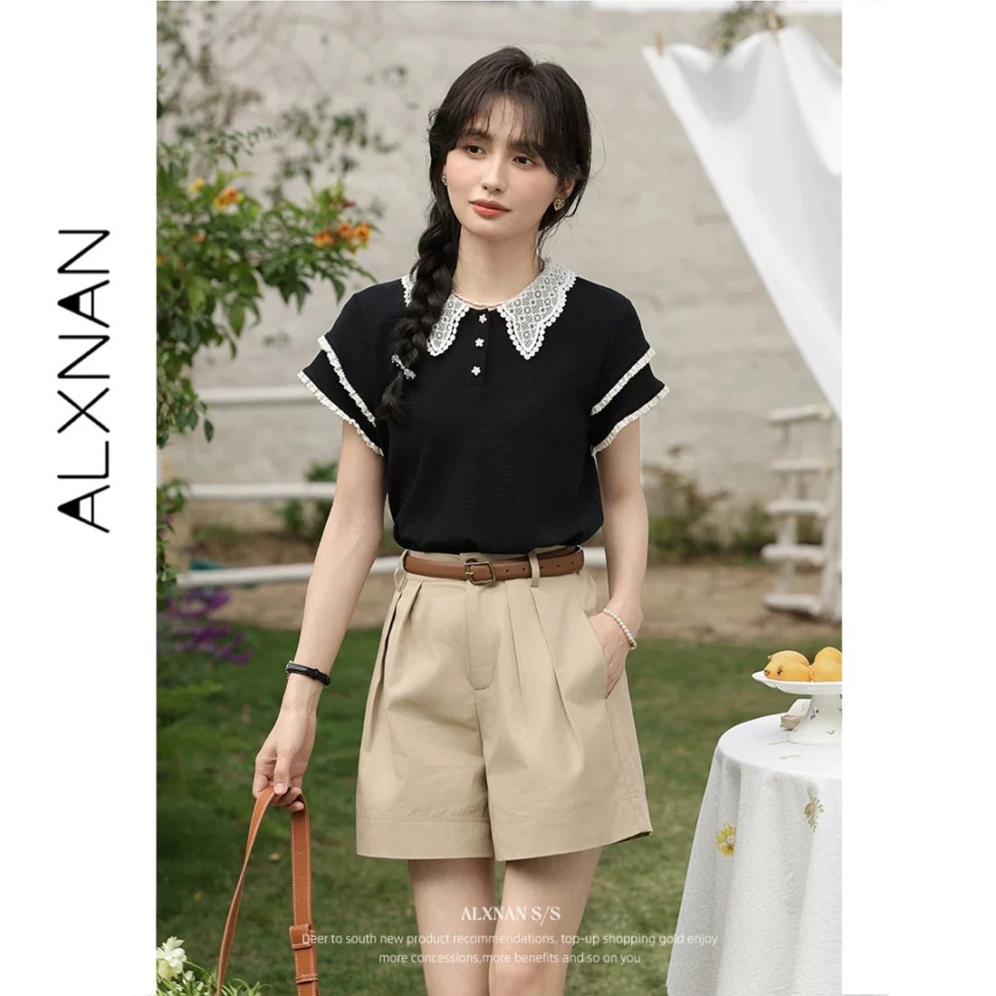 

ALXNAN 2026 Летняя черная футболка с кружевным воротником, хлопковая женская футболка, милая элегантная футболка с цветочным узором и металлическими пуговицами, топ с коротким рукавом для женщин VL53535