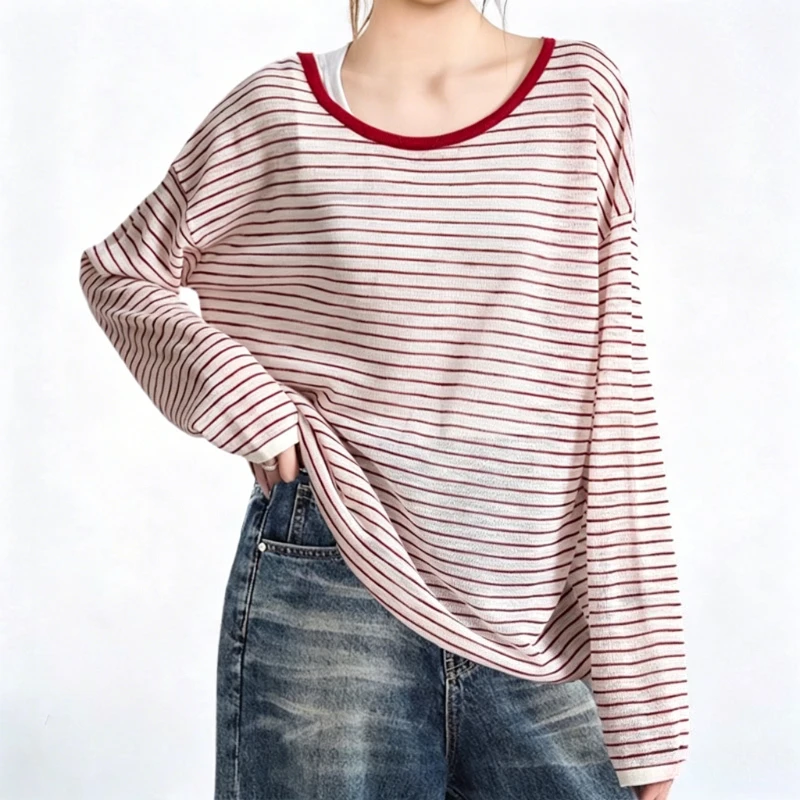 DAYIFUN T-shirt rayé rouge pour femme, col rond, dos évidé, manches longues, nouveau style d'été, coupe ample, protection solaire, haut pour femme