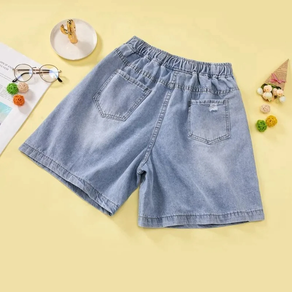 Summer Denim Shorts women Plus Size Elastic High Waist Ladies Shorts Female Hole Letter Loose Womens Denim Short Pants