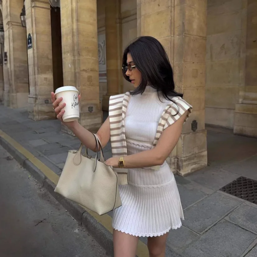 Conjunto de falda y ceco tejido de verano, sin botones, sin mangas, cuello alto, traje de moda de dos piezas para mujer, l...