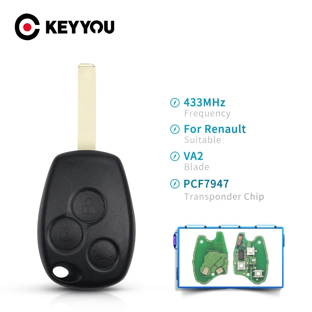 

KEYYOU 433MHz Remote Control Car Key Fob 3 Buttons For Renault Trafic Vivaro Primastar Movano Dacia PCF7947 / PCF7946 Chip