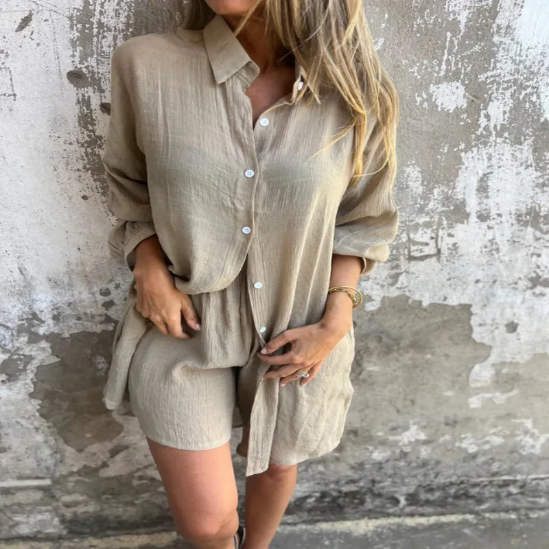 

Women Casual Solid Cotton Shorts Long Sleeve Shirt Two Piece Set Single-breasted Blouse Elastic High Waist Shorts Vacation Suits