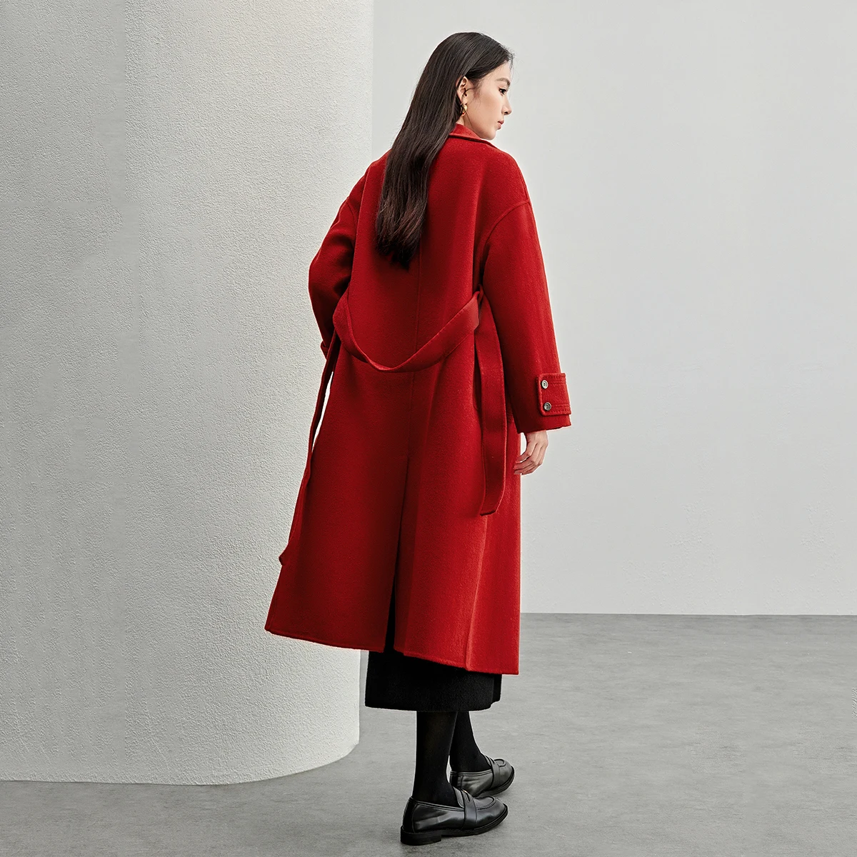 SENTUBILA Korean Style 100% Wool Coats for Women 2026 Winter Oversize Warm Double Breasted Stand Neck Belted Outerwear W44O56385