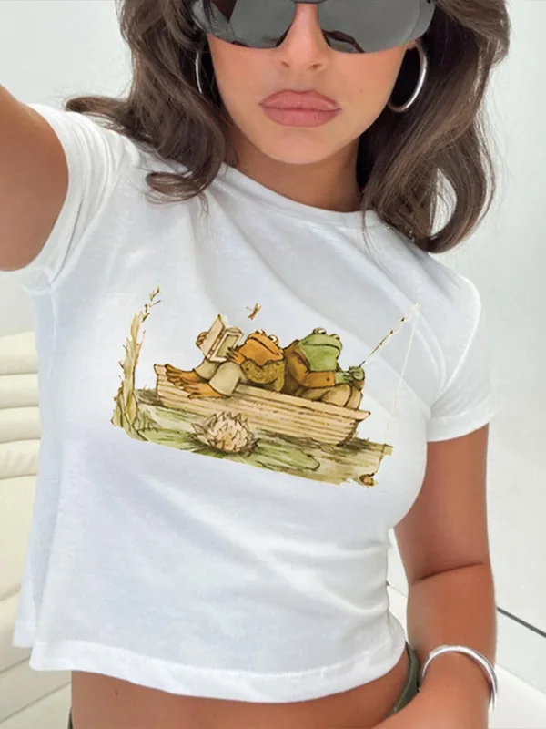 2024 New Hot Sale Fashion Summer Casual Female Crops Vintage Cartoon A Frog Fishing in A Lotus Pond Print Women All Match Tee