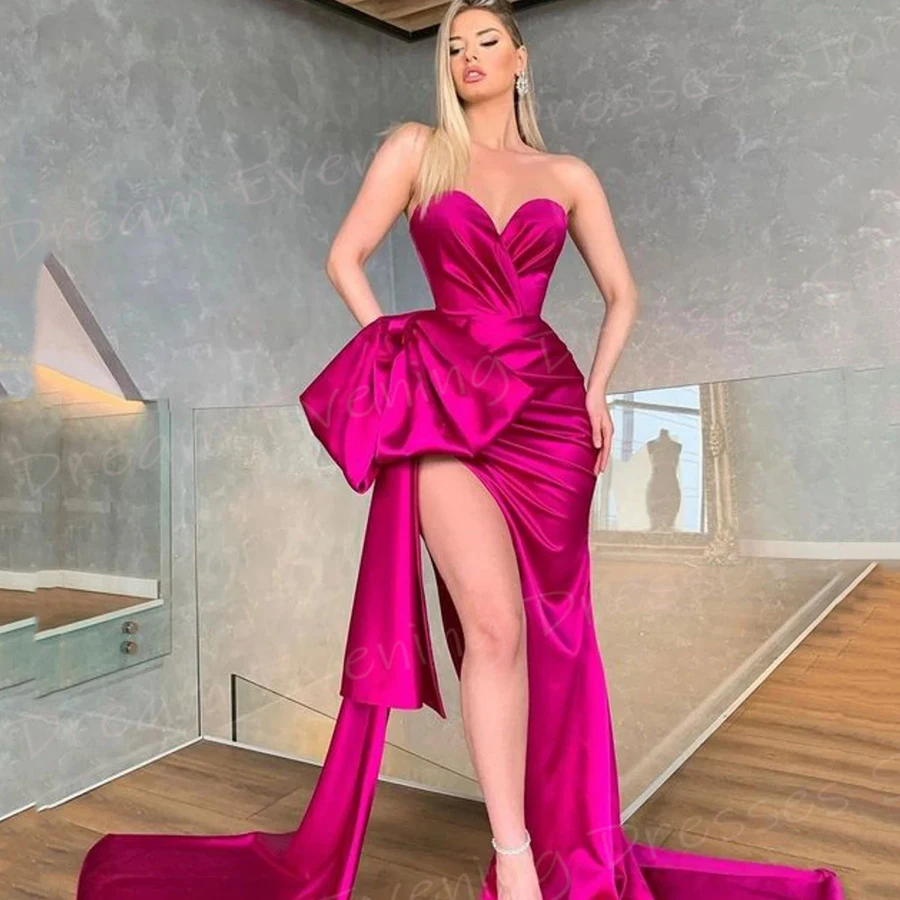 2025 Sexy Women\'s Mermaid Evening Dresses Graceful Strapless Prom Gowns Side High Split Pleated Customized Robe De Soiree Femmes