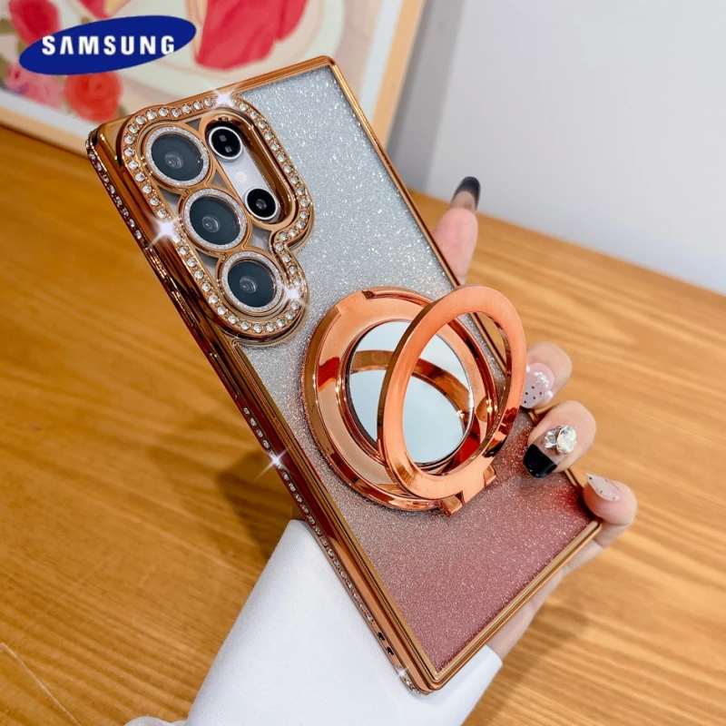 S25Ultra Glitter Diamant für Magsafe Spiegel Halterung Fall Samsung Galaxy S25 S24 S23 S22 Ultra Plus Stand Bling Magnetische Abdeckung