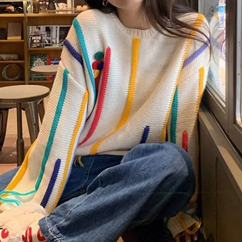 Autumn Winter Female Fashion Korean Multicolour Striped Sweaters Pullover Women\'s Clothing Loose Long Sleeve Tassel Knitted Tops