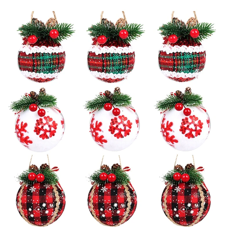 9PCS Christmas Decor 3.15Inch Christmas Check Fabric Wrapped Balls Pendants For Christmas Decor A