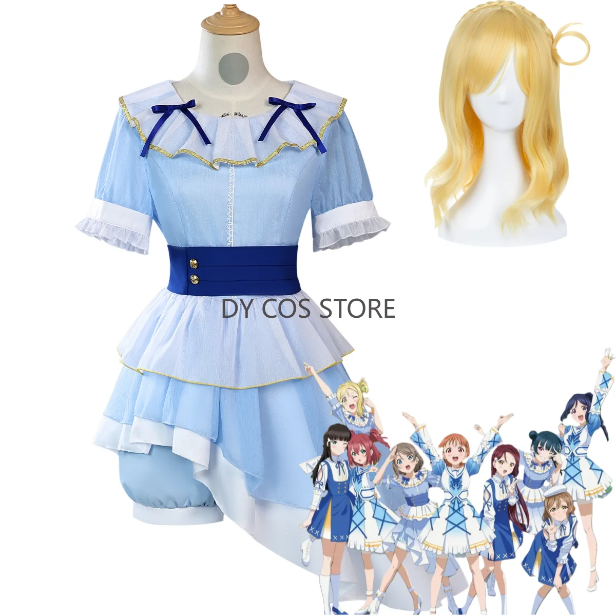 

Аниме LoveLive Aquars, 100-летие Tsushima Yoshiko Watanabe You Ohara Mari, карнавальный костюм, парик, синее платье, милый комплект Лолиты