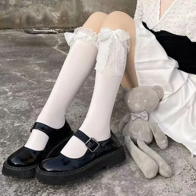 Lolita-Chaussettes longues en velours doux avec nœud papillon en dentelle pour femmes, bas à volants au genou pour filles, bord en dentelle sexy, Cos Kawaii JK